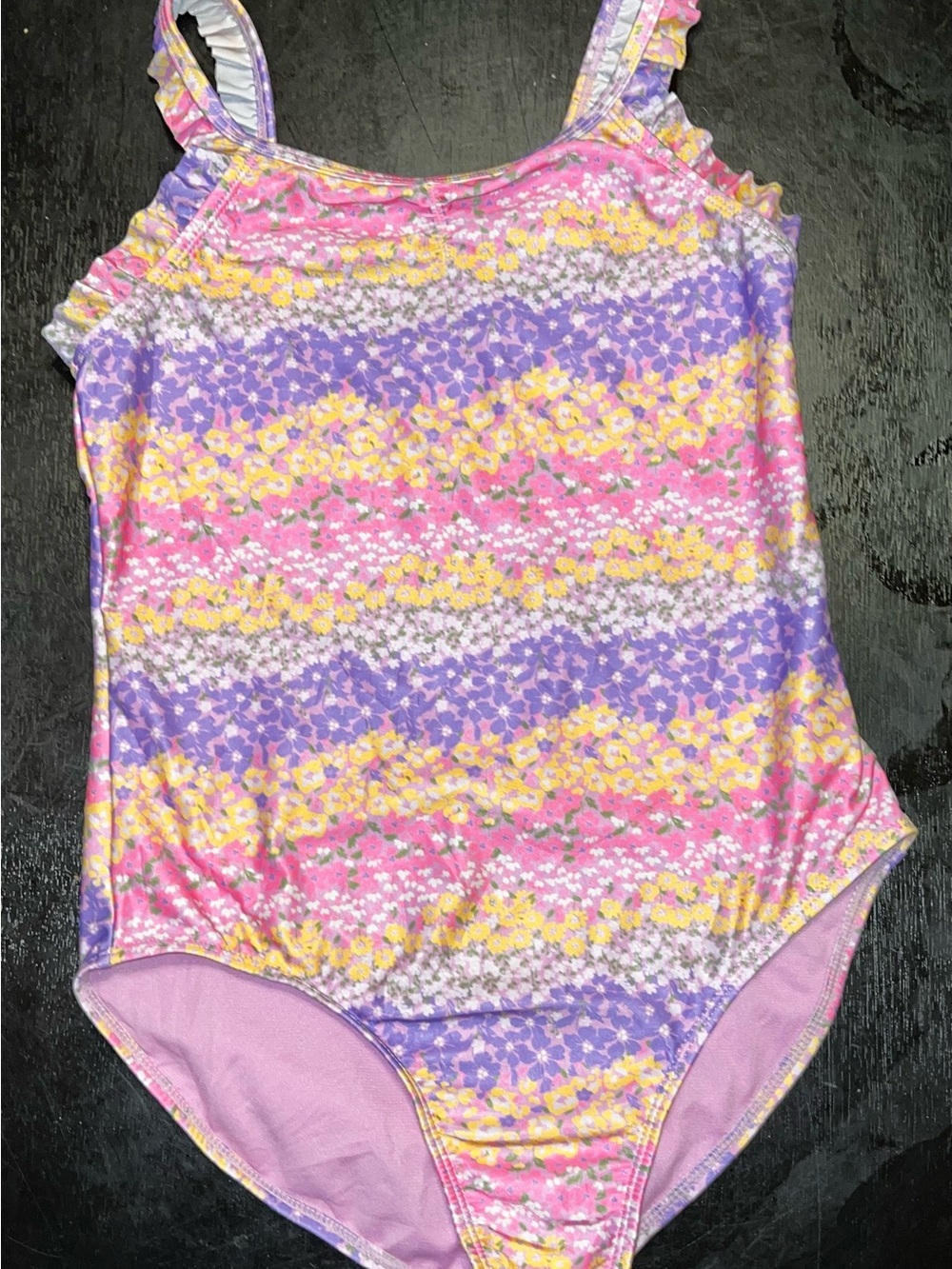 Girls Floral Stripe One-Piece Swimsuit in Pink, Purple & Yellow size L 10-12